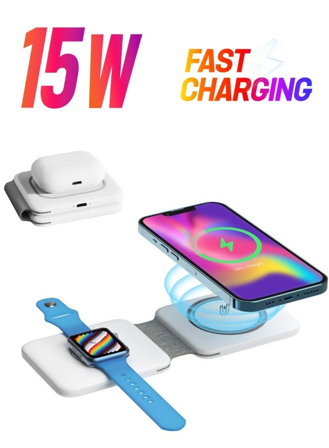 Wireless Charging, Magnetic Foldable Charging Pad Portable Wireless Chargers 3 in 1, Qi Fast Wireless Charging Station Compatible with iPhone 14/13/12/SE/11/XS/8, Samsung, for Air Pods Pro, iWatch